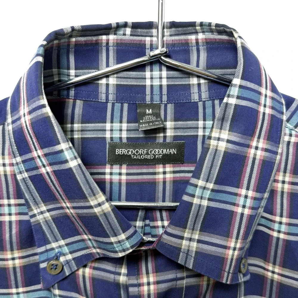 Bergdorf Goodman Tailored Fit Plaid Dress Shirt Mens Size M Made in Italy Cotton